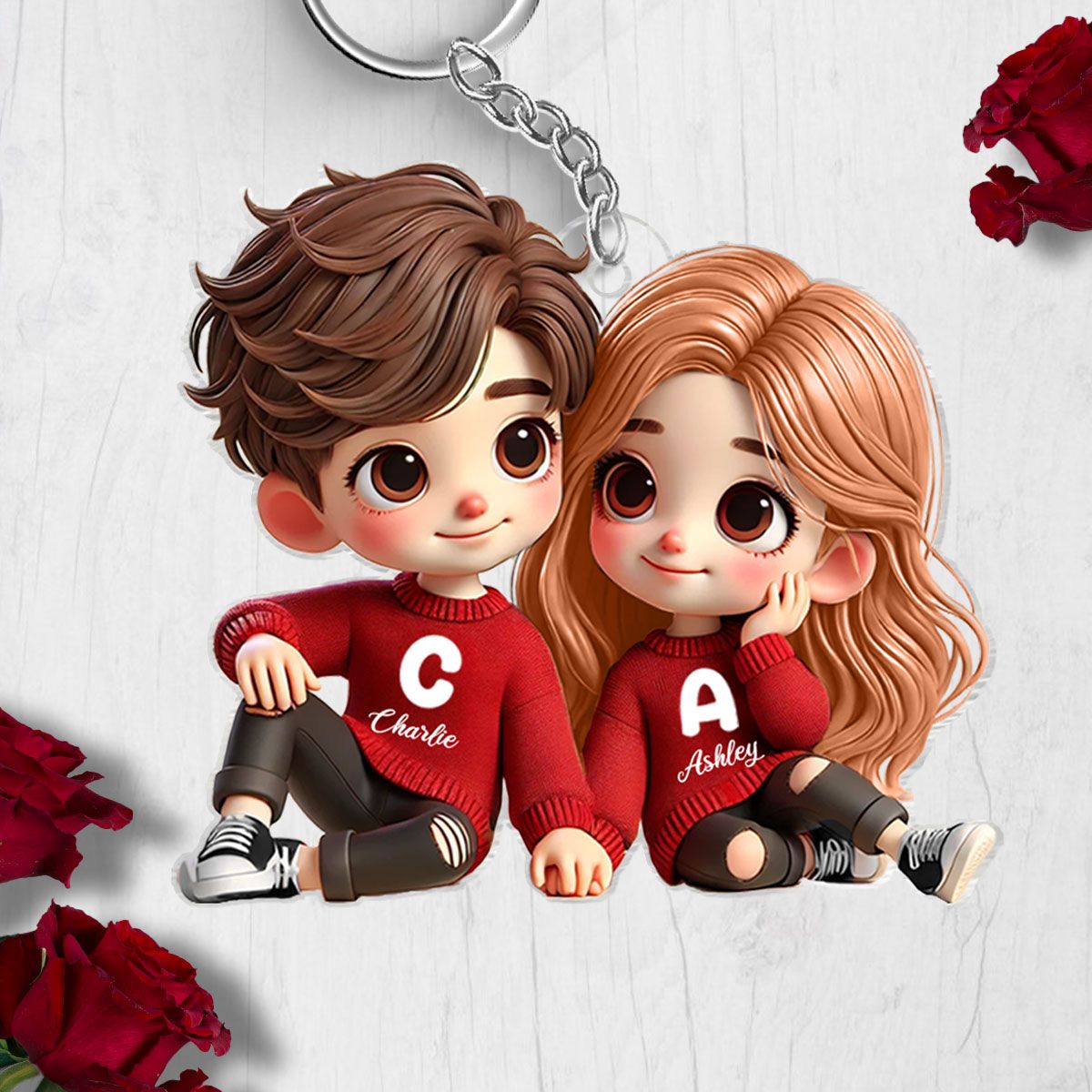 Cute Couple Sitting Together Personalized Acrylic Keychain, Gift for couples