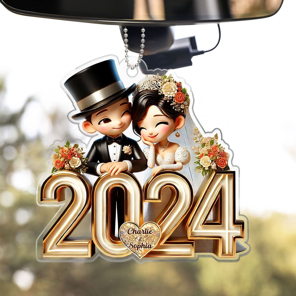 Happy Newlywed Cartoon Couple Personalized Car For Newlywed Couple