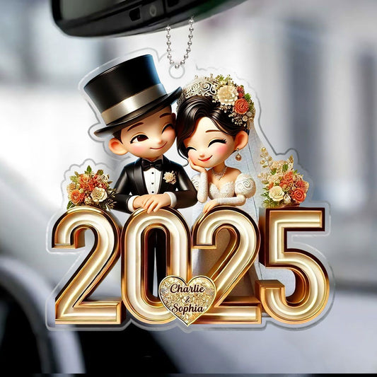 Happy Newlywed Cartoon Couple Personalized Car For Newlywed Couple