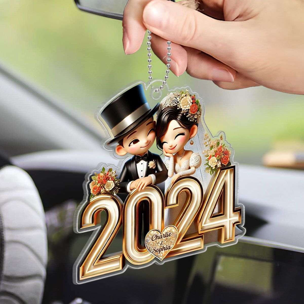 Happy Newlywed Cartoon Couple Personalized Car For Newlywed Couple