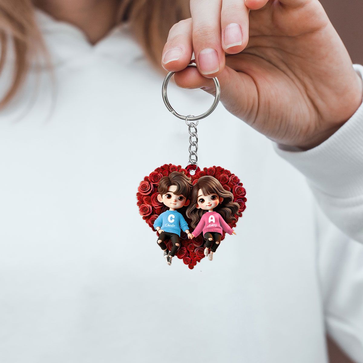 Cute Couple Lying On Rose Heart Personalized Acrylic Keychain Gift