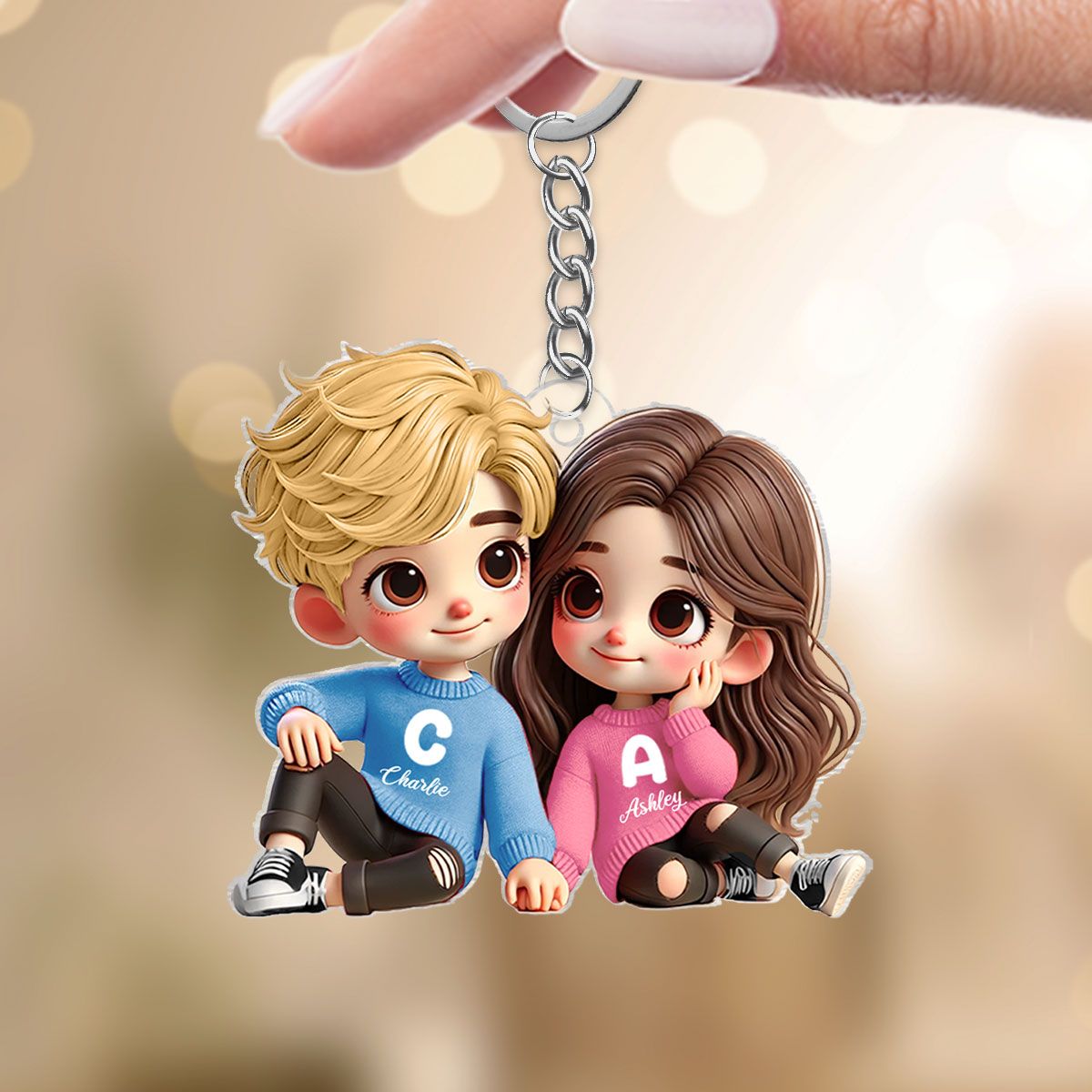 Cute Couple Sitting Together Personalized Acrylic Keychain, Gift for couples