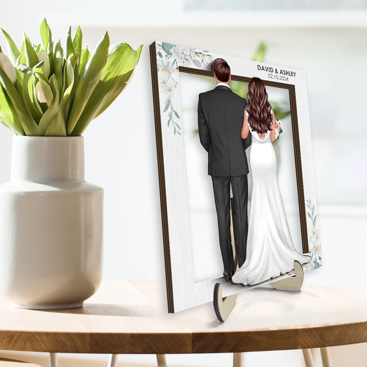 Groom Bride Back View Frame Wedding Gift Personalized 2-Layer Wooden Plaque