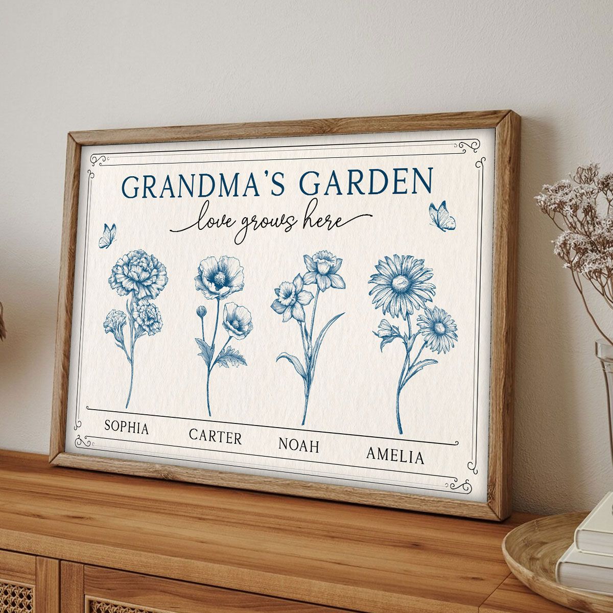 Grandma's Garden Retro Birthmonth Flower Personalized Canvas