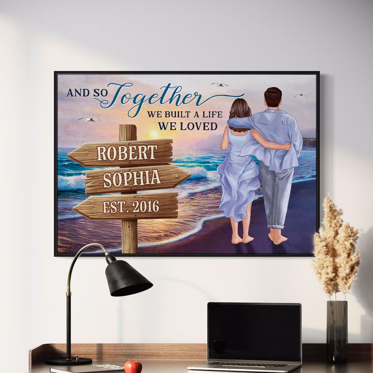 Couple Embracing & Walking On The Beach Personalized Canvas