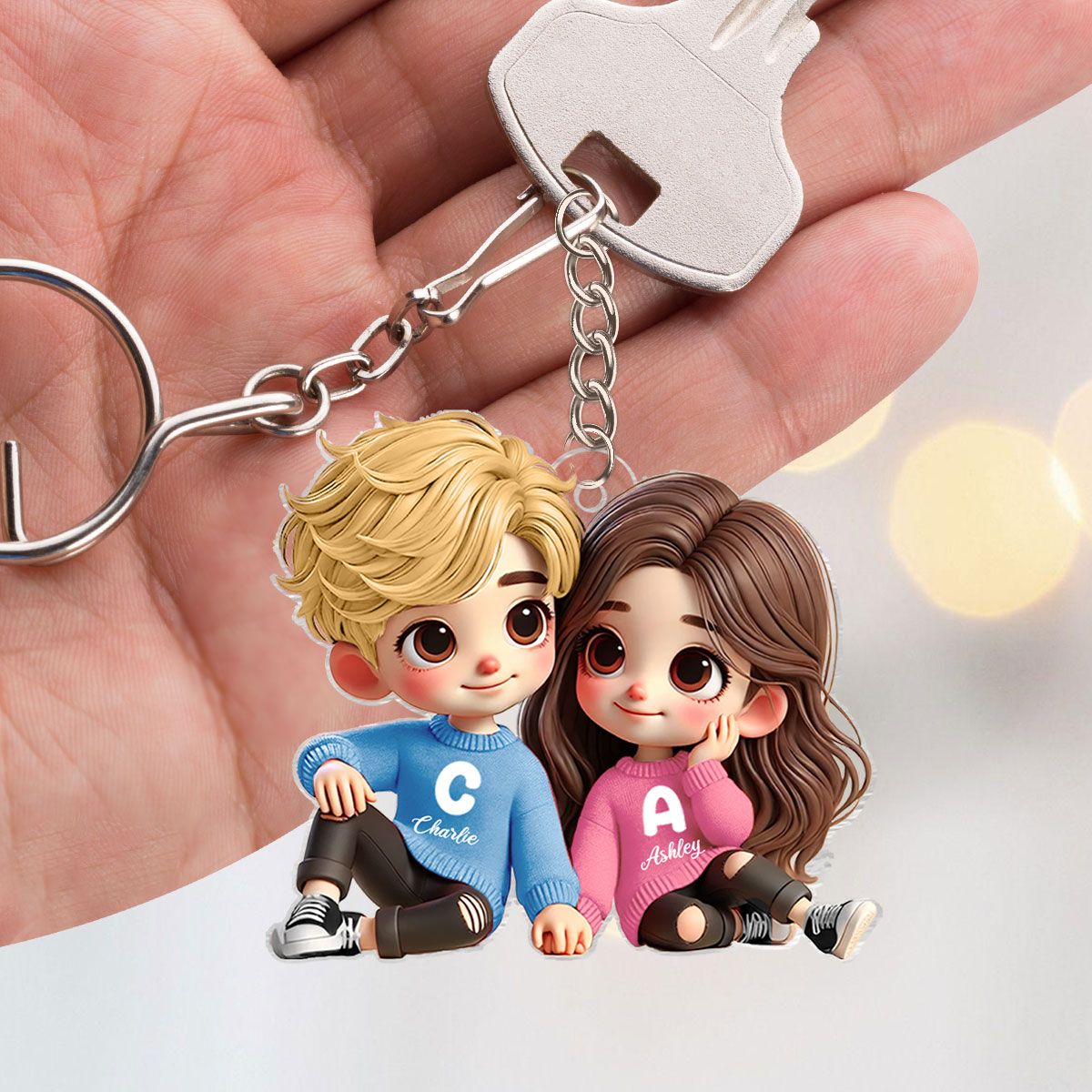 Cute Couple Sitting Together Personalized Acrylic Keychain, Gift for couples