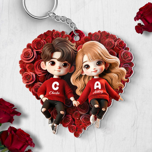 Cute Couple Lying On Rose Heart Personalized Acrylic Keychain Gift