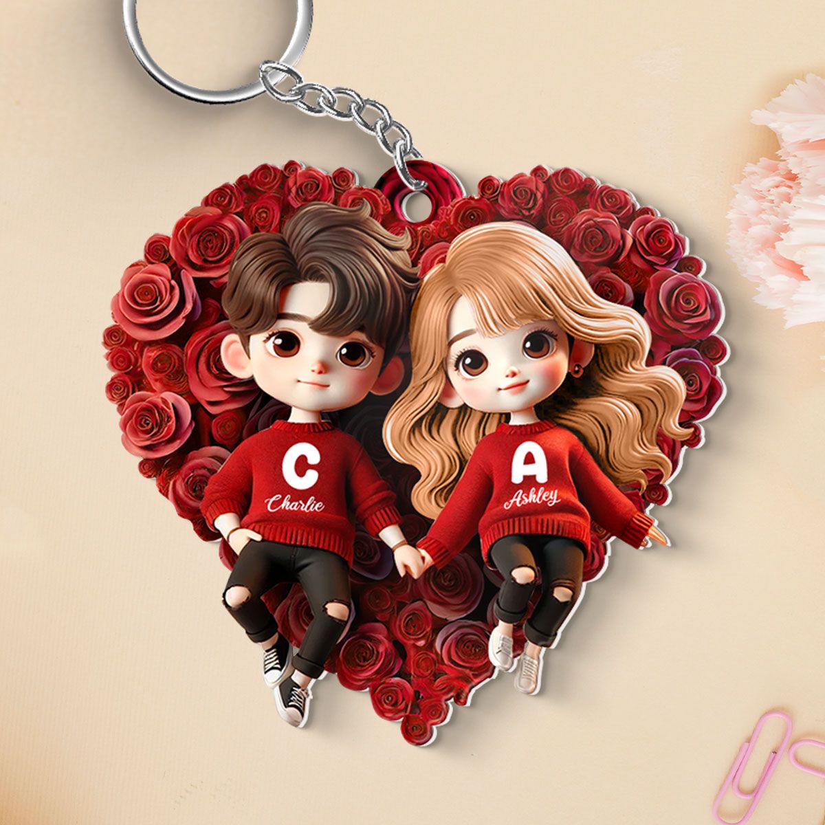 Cute Couple Lying On Rose Heart Personalized Acrylic Keychain Gift