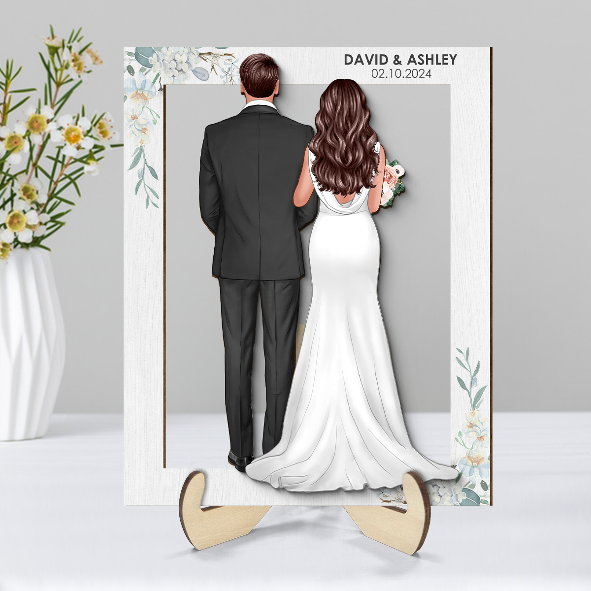 Groom Bride Back View Frame Wedding Gift Personalized 2-Layer Wooden Plaque