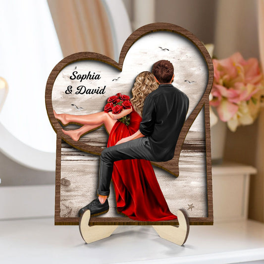 Landscape Heart Couple Sitting Back View 2-Layer Wooden Plaque