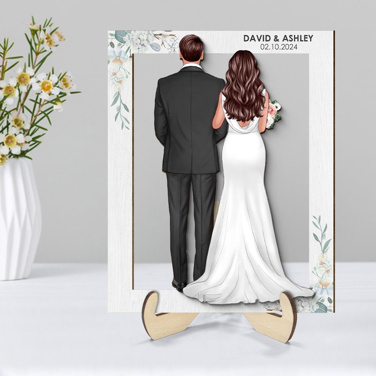 Groom Bride Back View Frame Wedding Gift Personalized 2-Layer Wooden Plaque