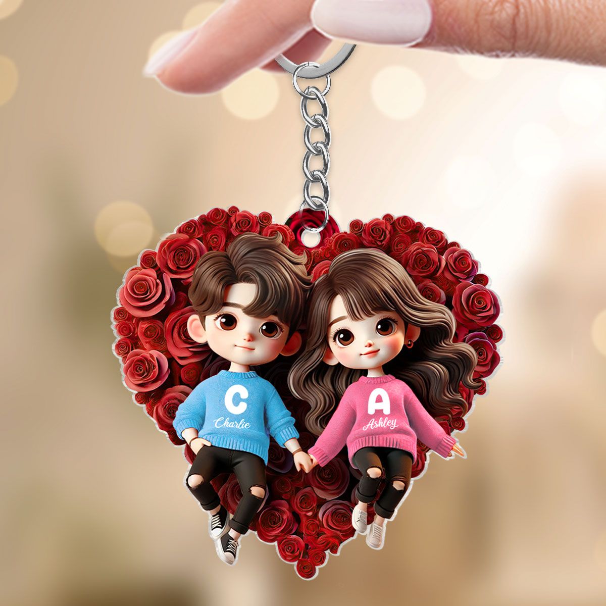 Cute Couple Lying On Rose Heart Personalized Acrylic Keychain Gift