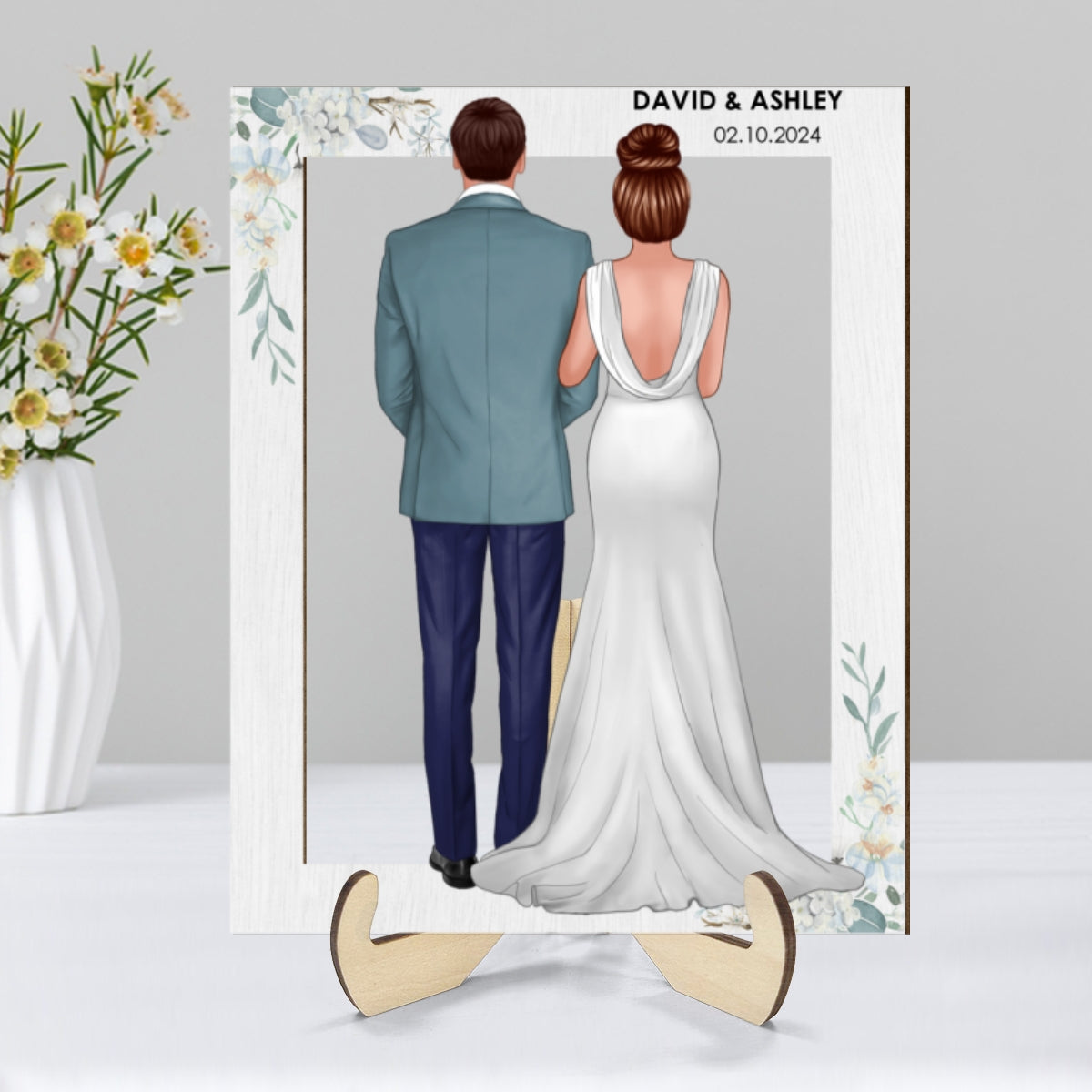 Groom Bride Back View Frame Wedding Gift Personalized 2-Layer Wooden Plaque