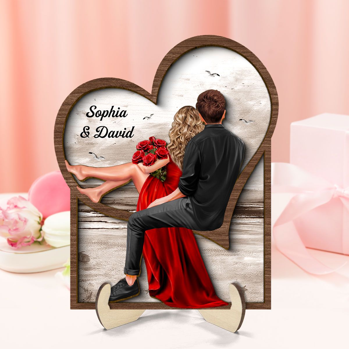 Landscape Heart Couple Sitting Back View 2-Layer Wooden Plaque