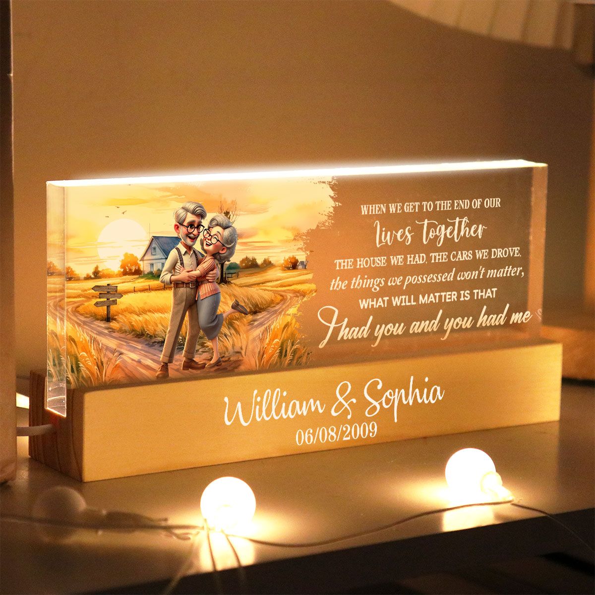 Happy Old Couple Personalized Acrylic Block LED Night Light