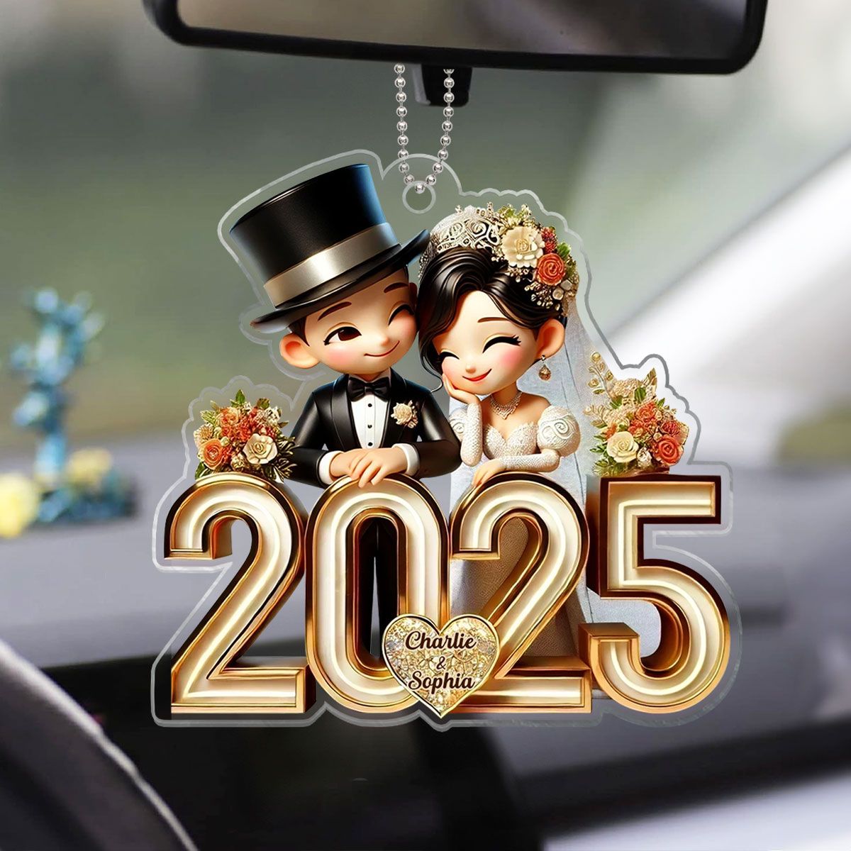 Happy Newlywed Cartoon Couple Personalized Car For Newlywed Couple