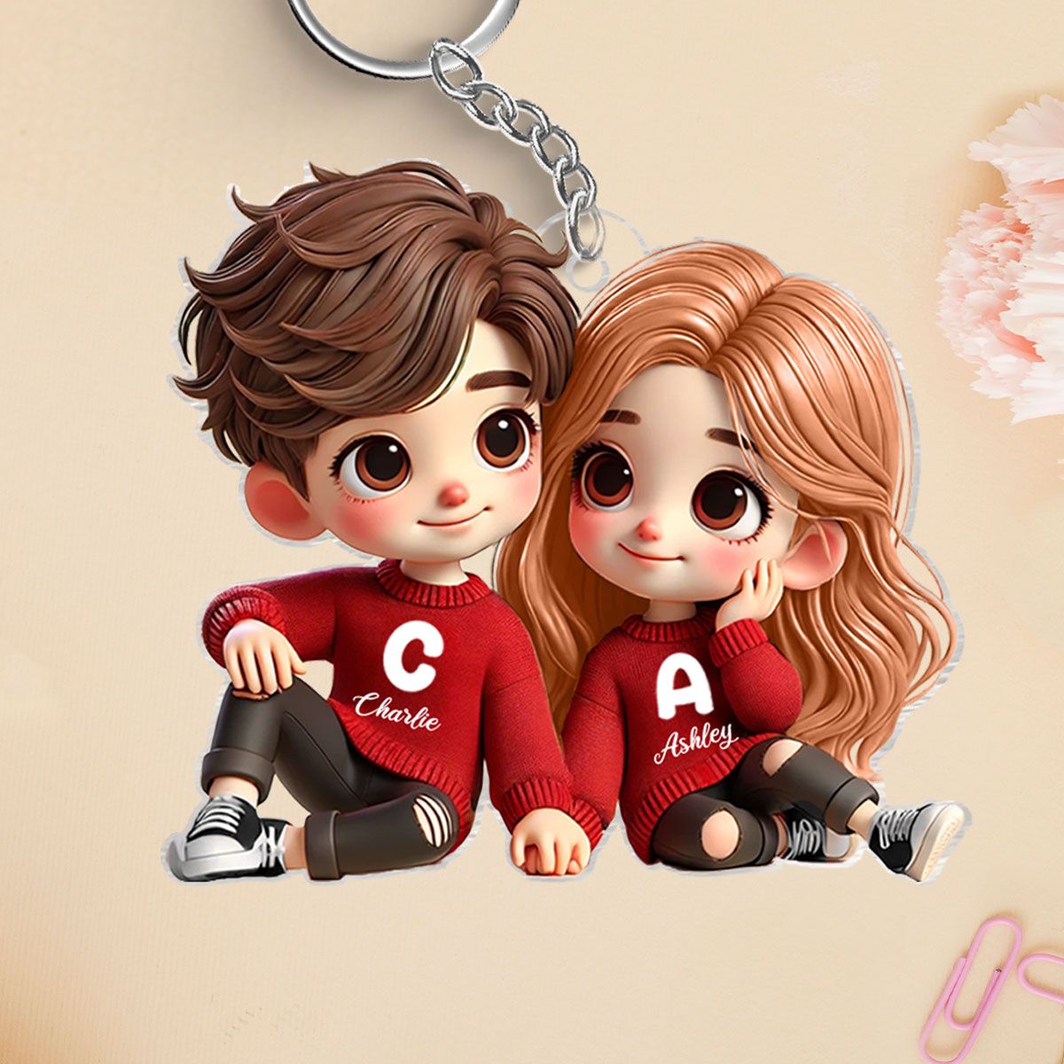 Cute Couple Sitting Together Personalized Acrylic Keychain, Gift for couples