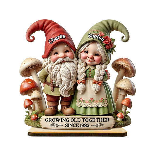 Whimsical Gnome Couple Personalized Standing Wooden Plaque