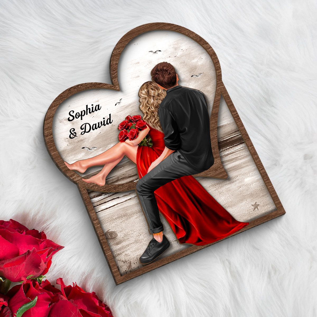 Landscape Heart Couple Sitting Back View 2-Layer Wooden Plaque