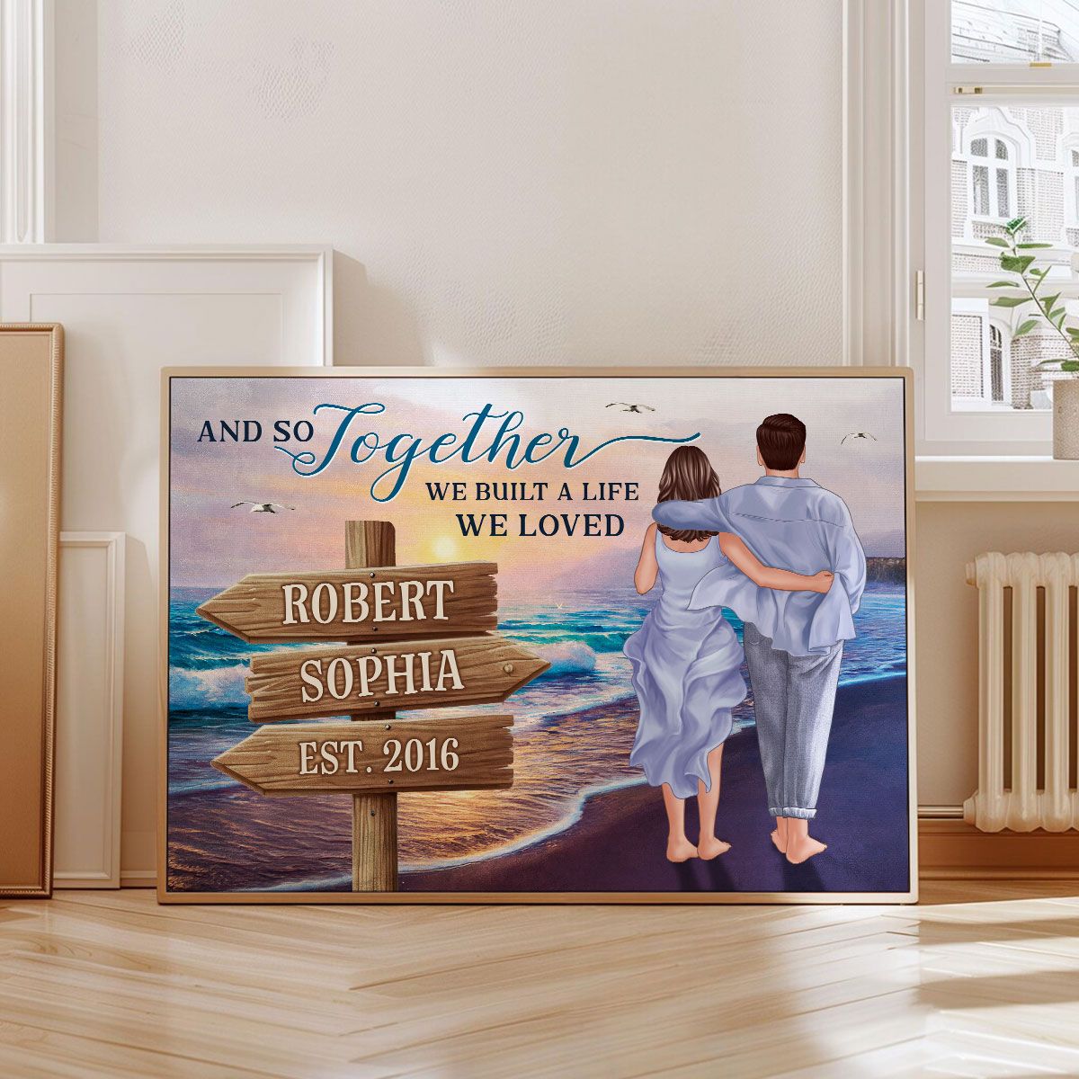 Couple Embracing & Walking On The Beach Personalized Canvas