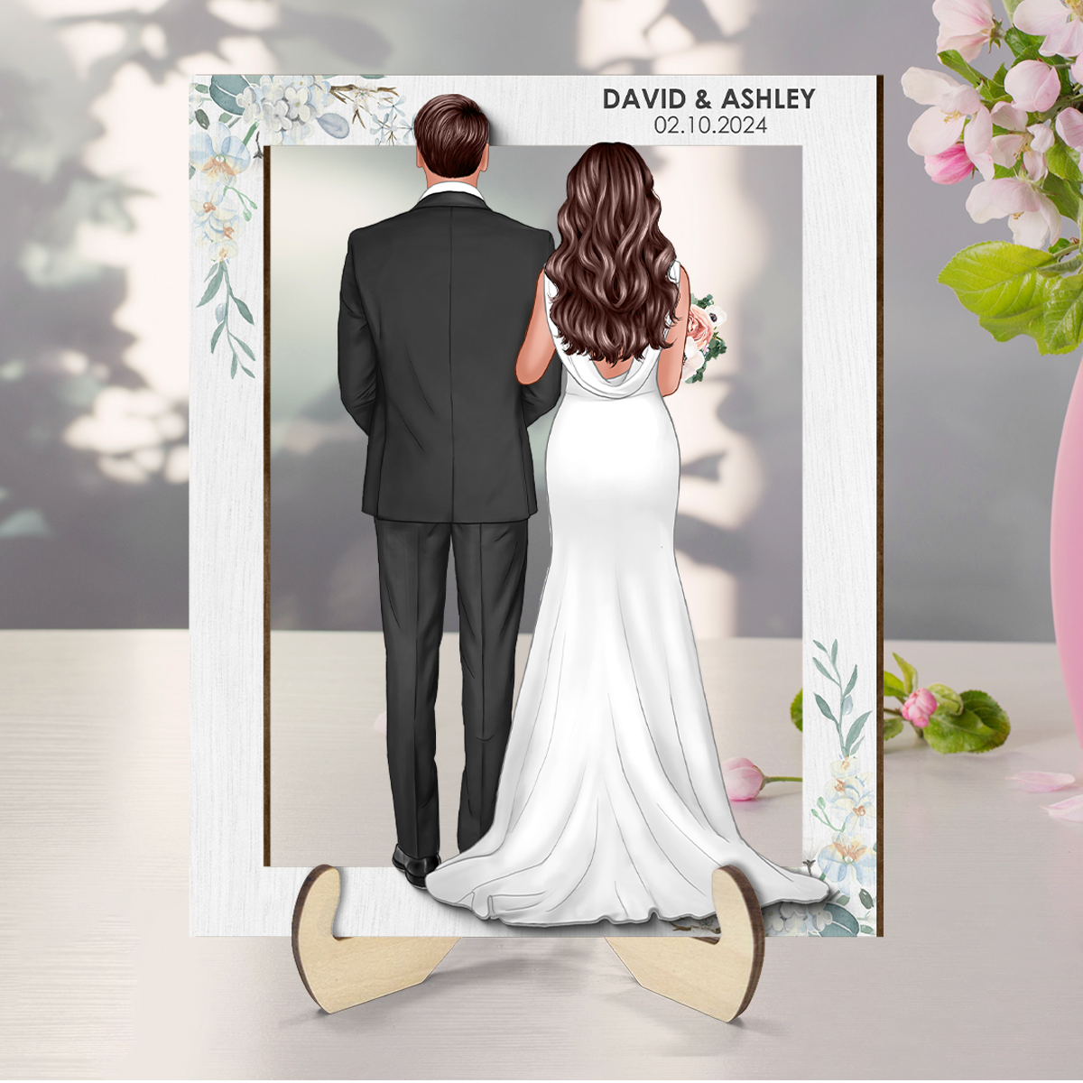 Groom Bride Back View Frame Wedding Gift Personalized 2-Layer Wooden Plaque