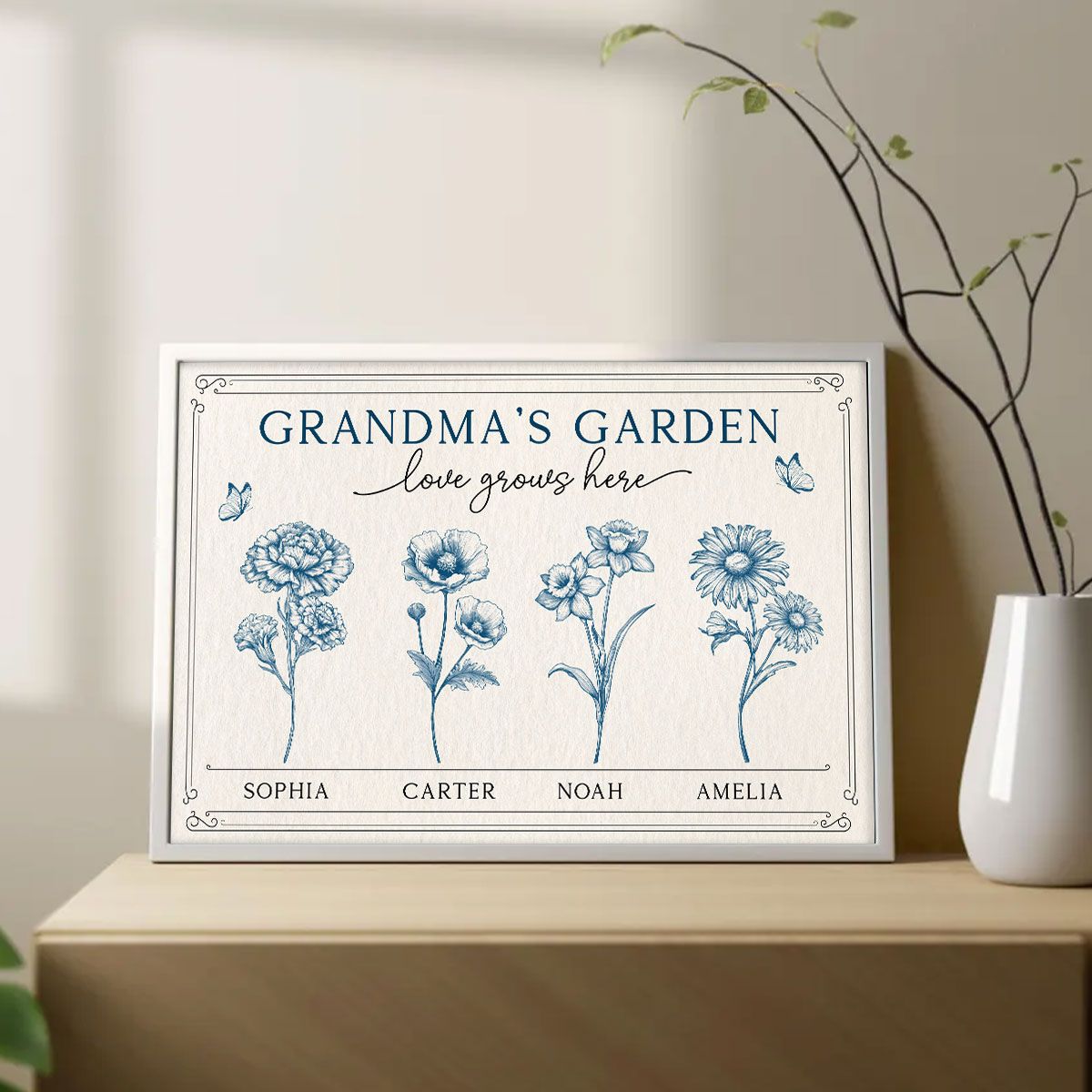 Grandma's Garden Retro Birthmonth Flower Personalized Canvas